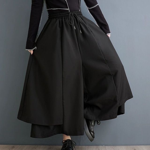 BLACK SIDE LAYERED A-LINE WIDE LEG PANTS 1color M-8667