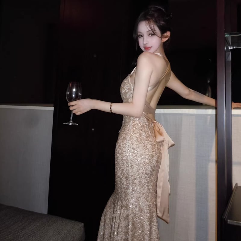 【dress】ストラップバックマーメイドドレス Q7907