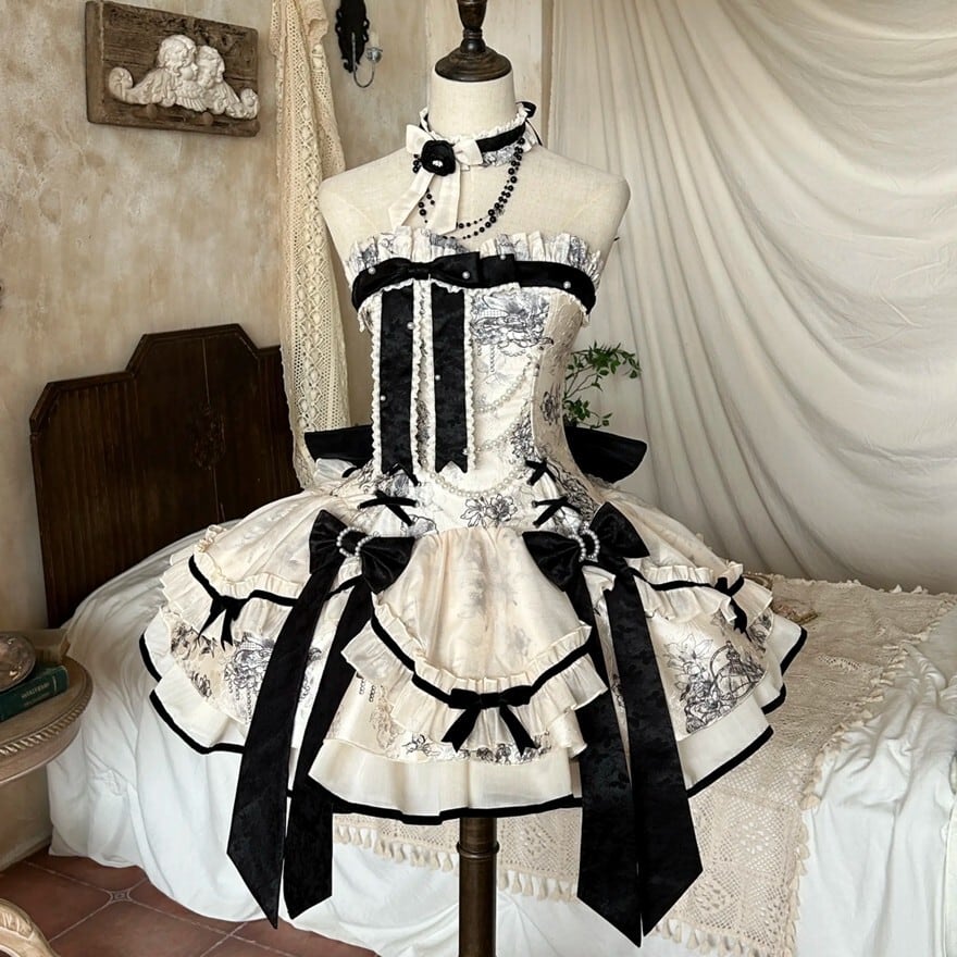 【BABY】ゴシック 白黒 リボンレース 別珍ハット【美品】 ゴシックロリータ｜黒リボンが揺れるクラシカル姫ドレス ペチコート