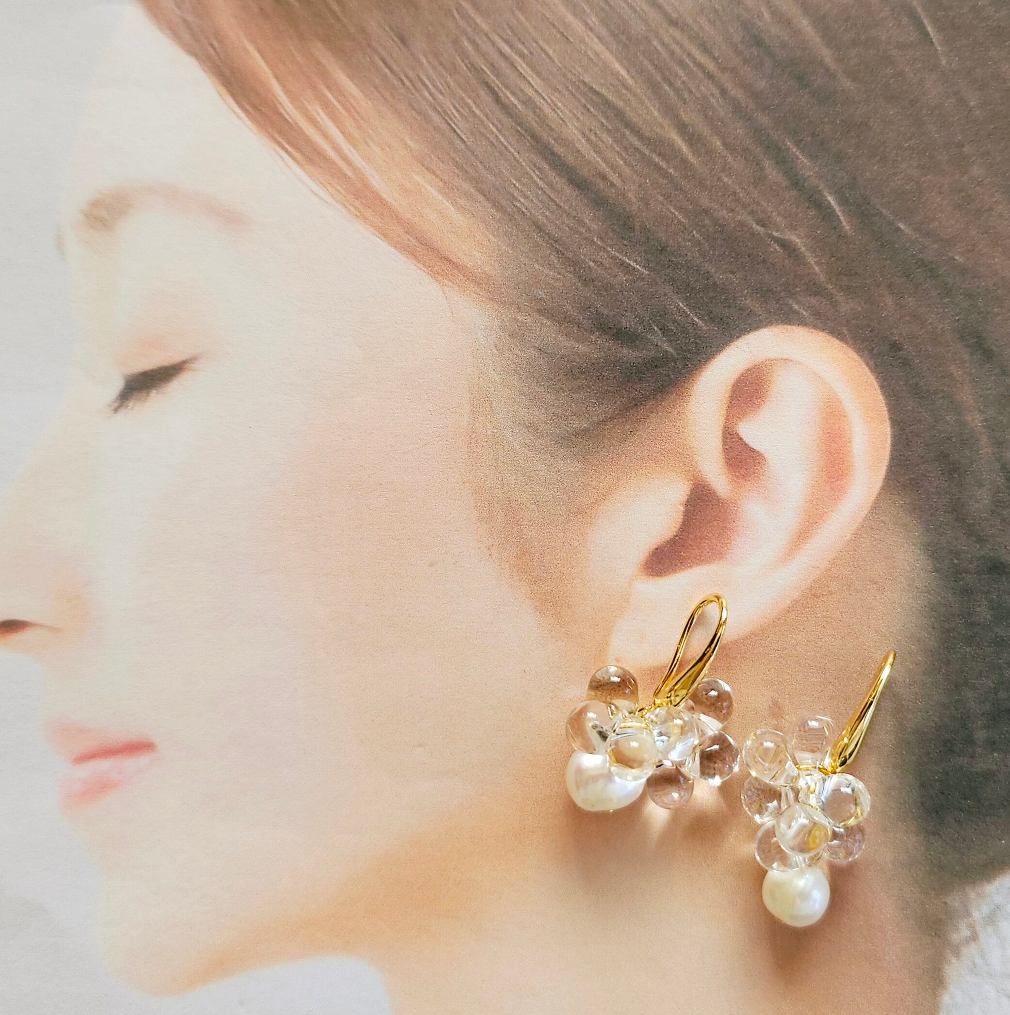#398 ハート淡水パール×ゴールドビーズピアス/イヤリング変更可能 ゴールドフラワーとパールのブーケピアス イヤリング変更可能 | iichi