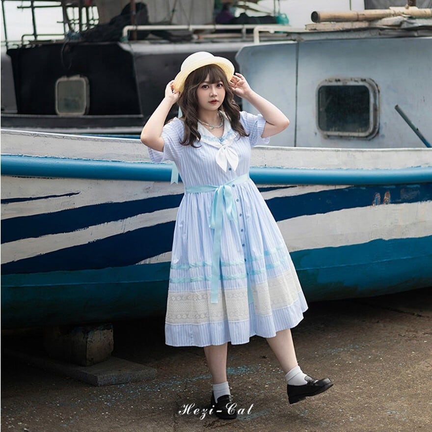 セーラー風 半袖ワンピース 夏マリン ロリィタ 海辺コーデ ネイビー