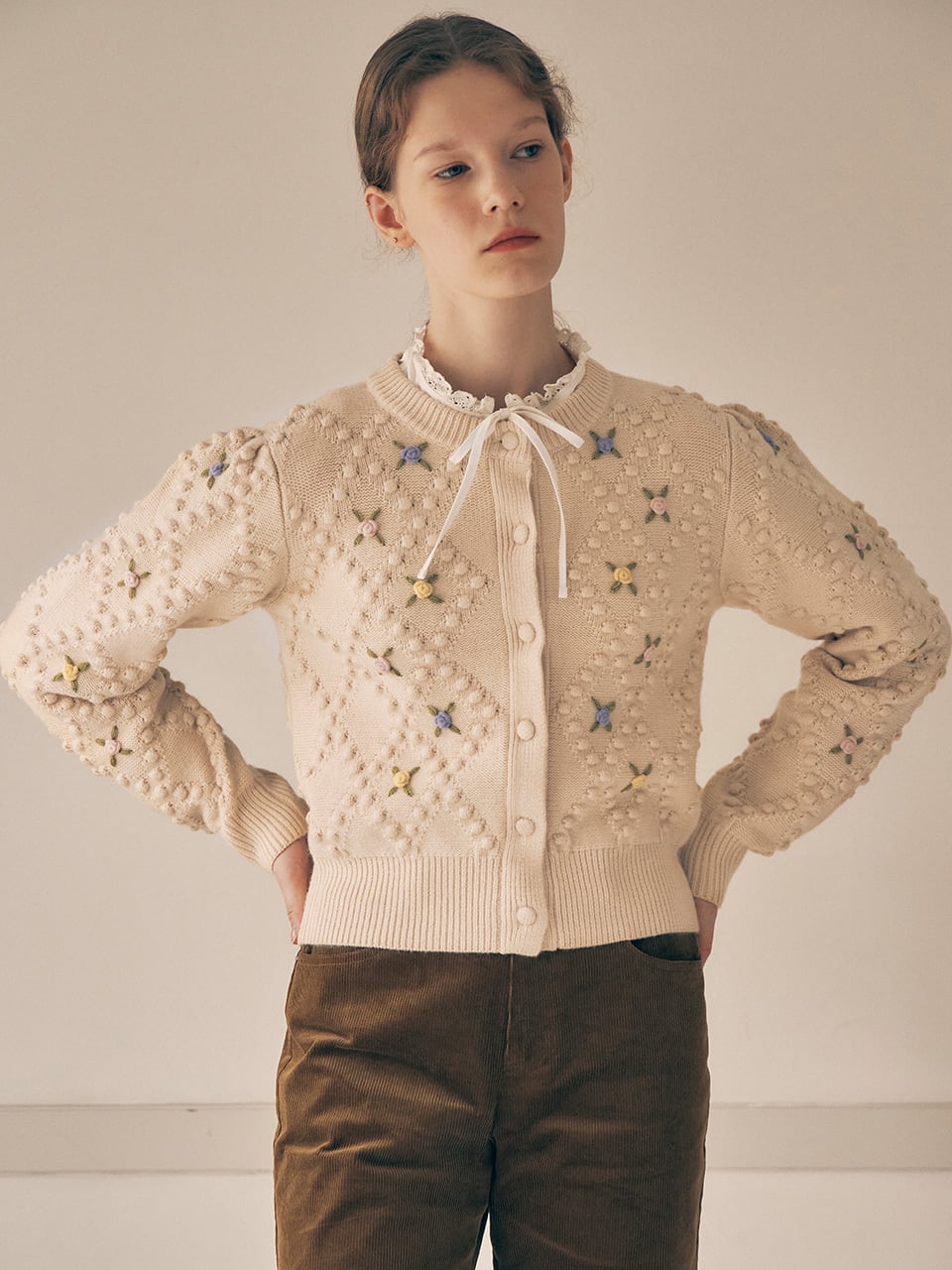 ROLAROLA] HAND FLOWER POMPOM CARDIGAN IVORY 正規品 韓国ブランド