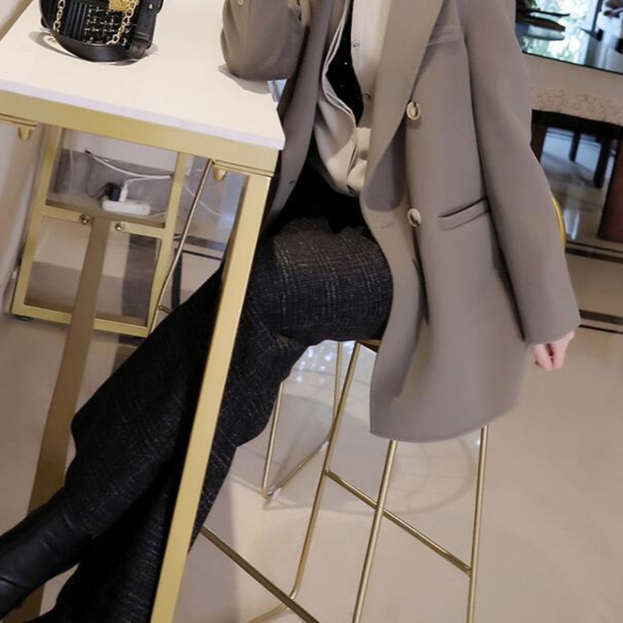 レトロチェック ウール混ワイドレッグパンツ W01372