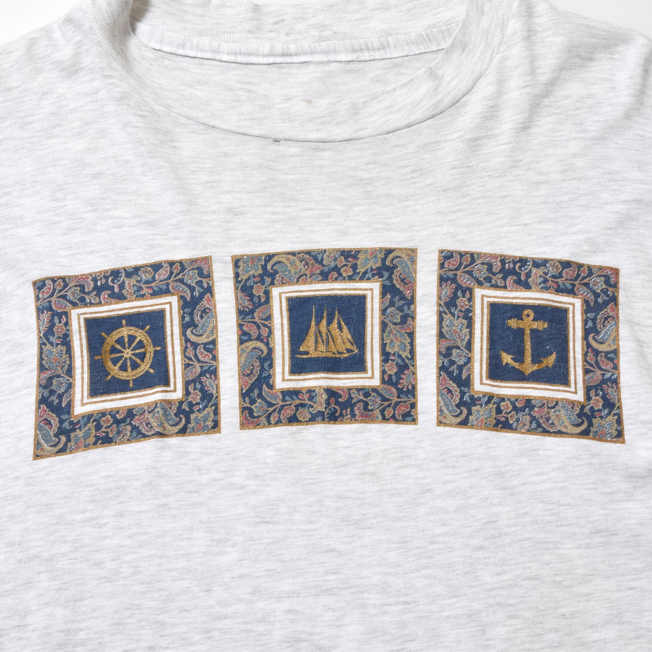 90s マリンモチーフ プリントTシャツ ライトグレー