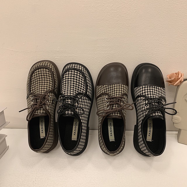 スタンダードスタイルレッド格子柄カジュアルレザー 靴 シューズ レトロ レース ローファー レースアップ フェイクシューズ19632902768