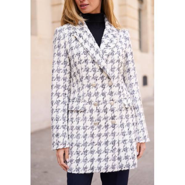 【美品】　08circus ツイード　ウール　ロングチェスターコート　46 ホワイト×ライトグレー 千鳥格子ツイード チェスターコート ウール混