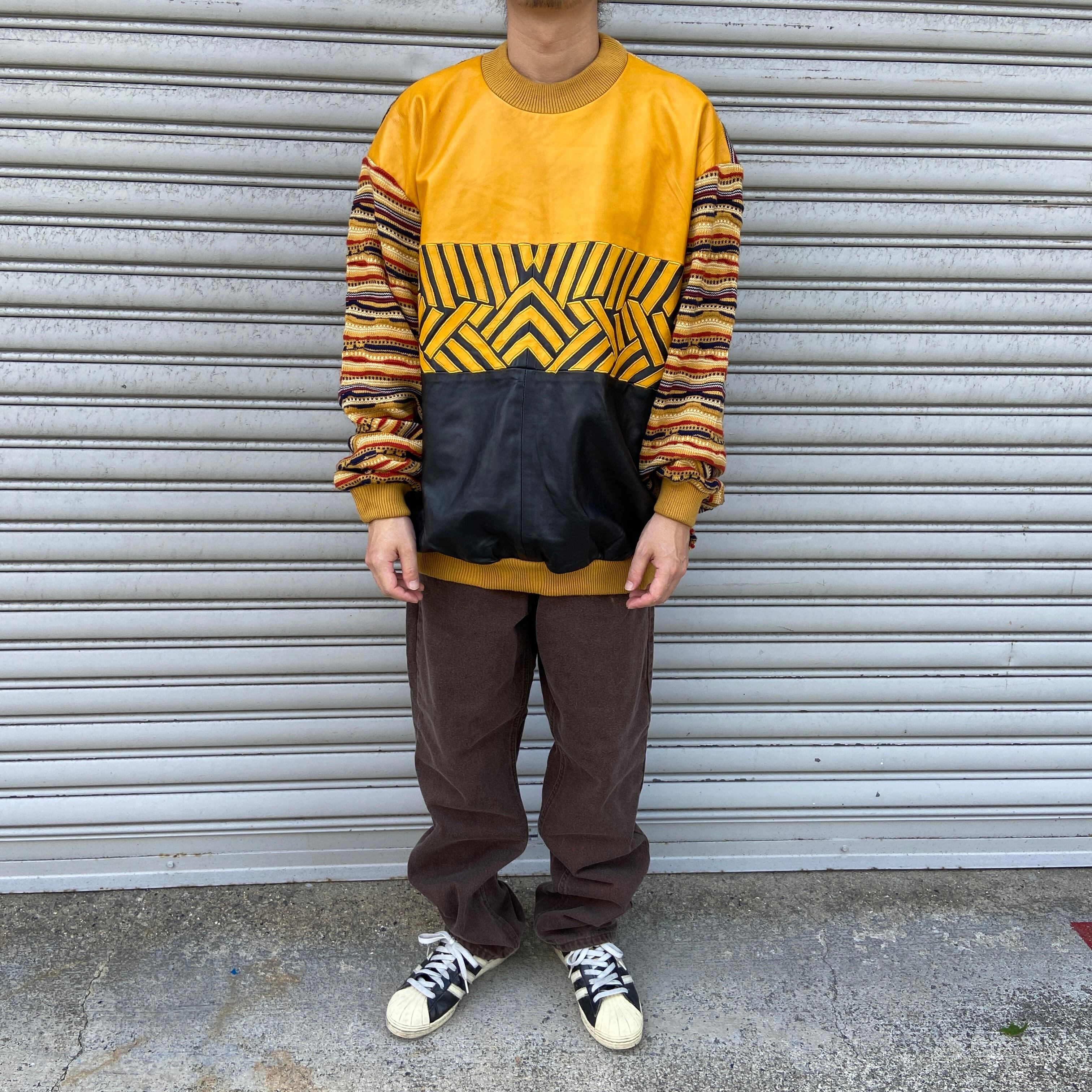 希少 90s レザー切り替え3Dニット デザインセーター クージー風 黄 4XL 