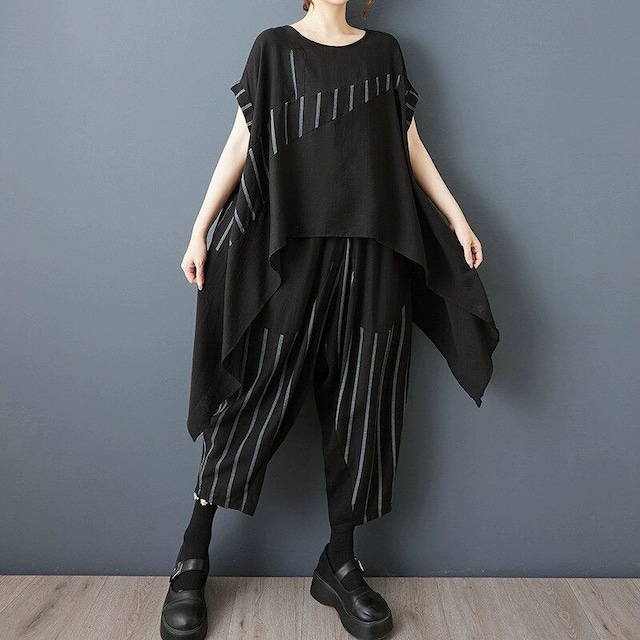 BLACK STRIPE STITCH DESIGN TOP & WIDE LEG CROPPED PANTS SET 2pieces 1color M-13906