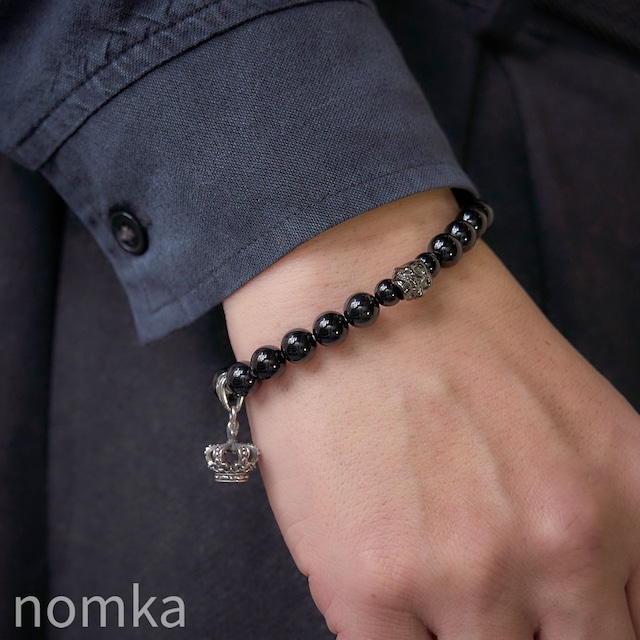 【THE REBIRTH / 達成と栄光】オニキス×スカル×クラウンチャーム デザインブレスレット 18cm nss-0061