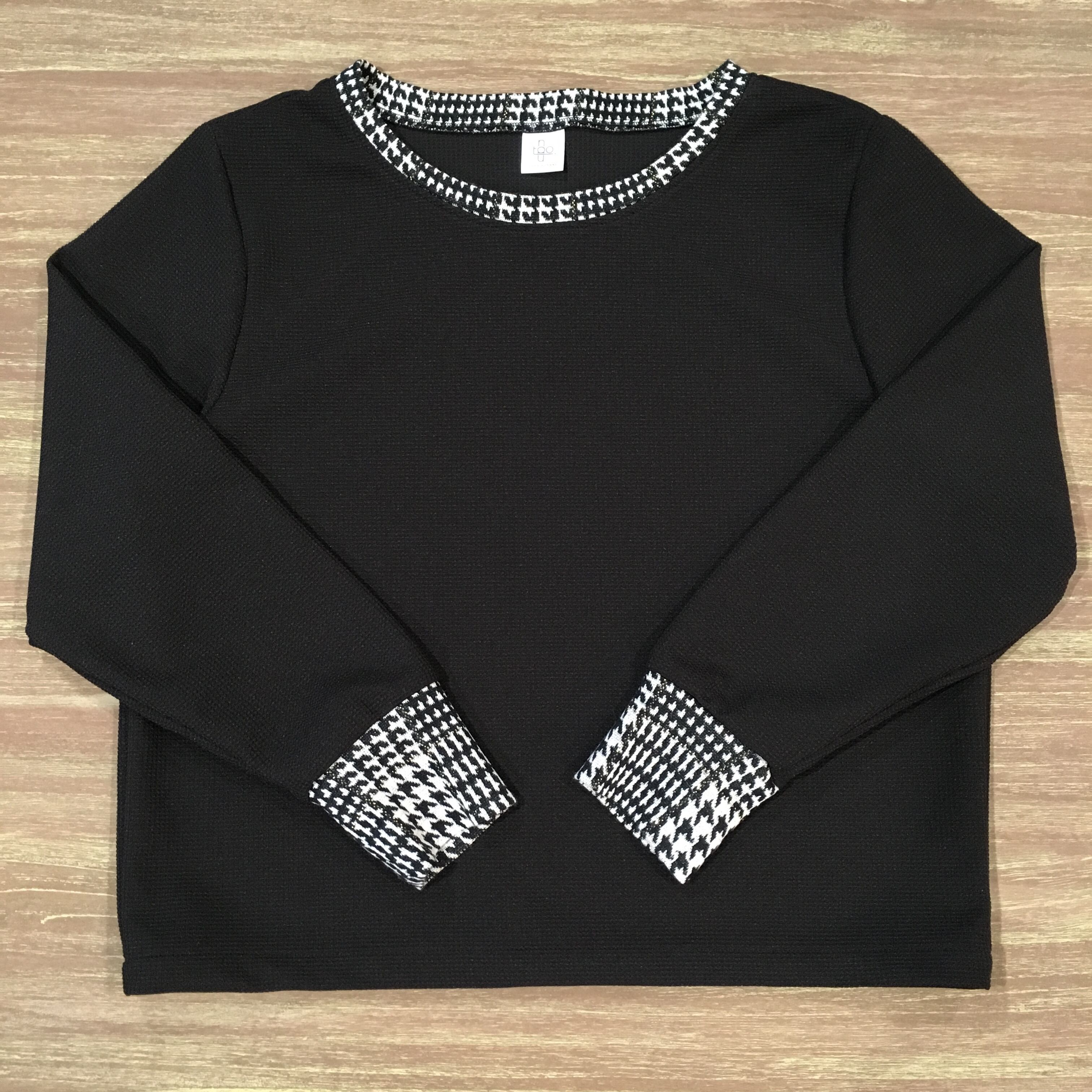 千鳥格子リブトップス(ブラック)