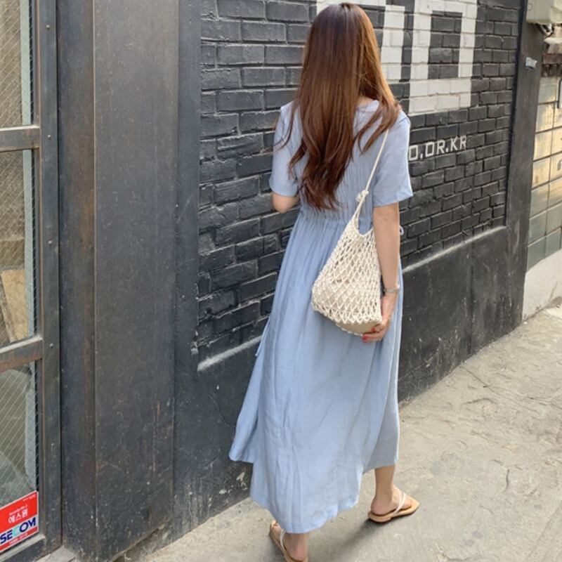 送料無料 さらっとラフスタイル ワンピース リボン 半袖 ロング丈 ギャザー シャーリング カジュアル フェミカジ リゾート Lamitte Deco トレンド 韓国ファッション ショップ Base店