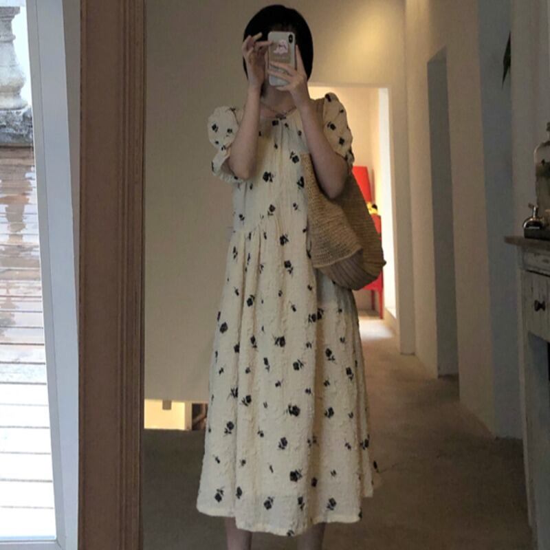 サマーフローラルプリーツドレス ルーズ薄手スカート 大人ガーリー スウィート キュート カジュアル 夏物 花柄 YY-ファッション29746054370