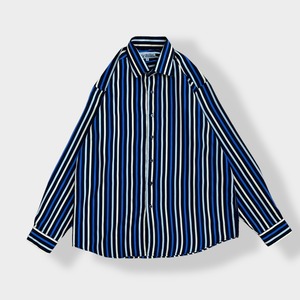 【L'HOMME MODERNE】ストライプシャツ 長袖シャツ ポリシャツ カジュアルシャツ マルチカラー アースカラー XL相当 ビッグシルエット US古着