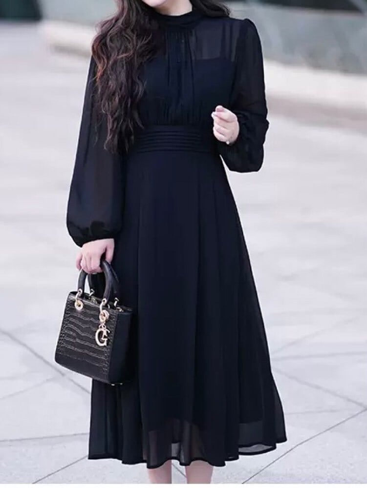 大人な魅力を引き立てる ロング丈フォーマルワンピース 長袖 ロング丈 ドレス ハイウエスト ブラックワンピース シック シンプル 大人可愛い お呼ばれ 大きいサイズ 韓国 CH8845