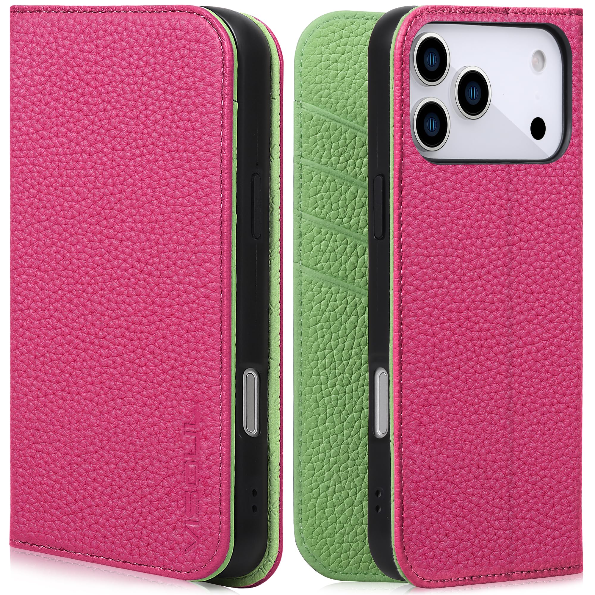 VISOUL iPhone 17 Pro Max 対応 ケース 手帳型 本革 アイフォン17 プロマックス 手帳型ケース MagSafe対応 スマホケース レザー カード収納 携帯カバー 横置きスタンド機能付き マグネット式 全面保護 柔軟なTPU素材 アイホン17 ProMax マゼンタ グリーン