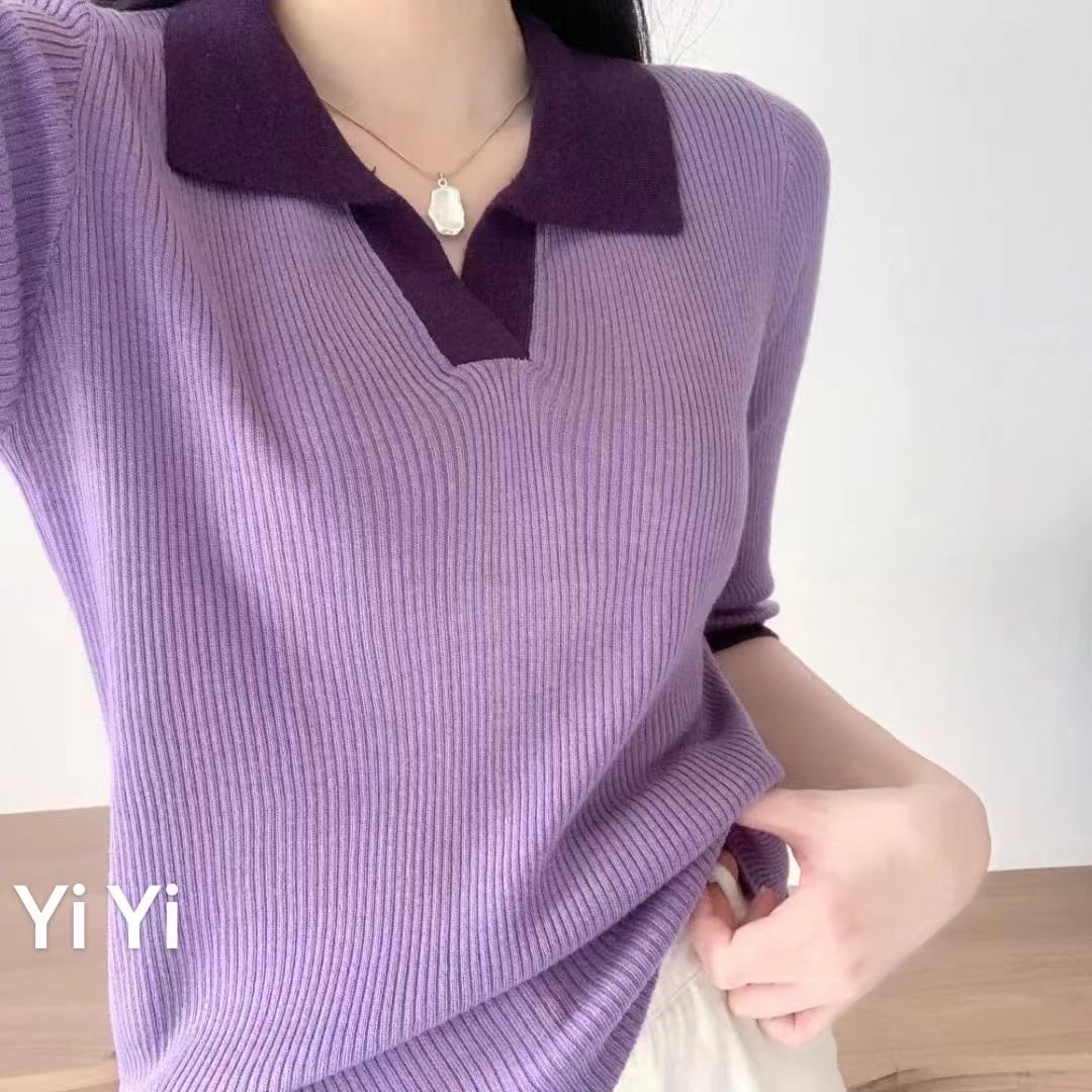 5部袖バイカラーニット　AJ111-221