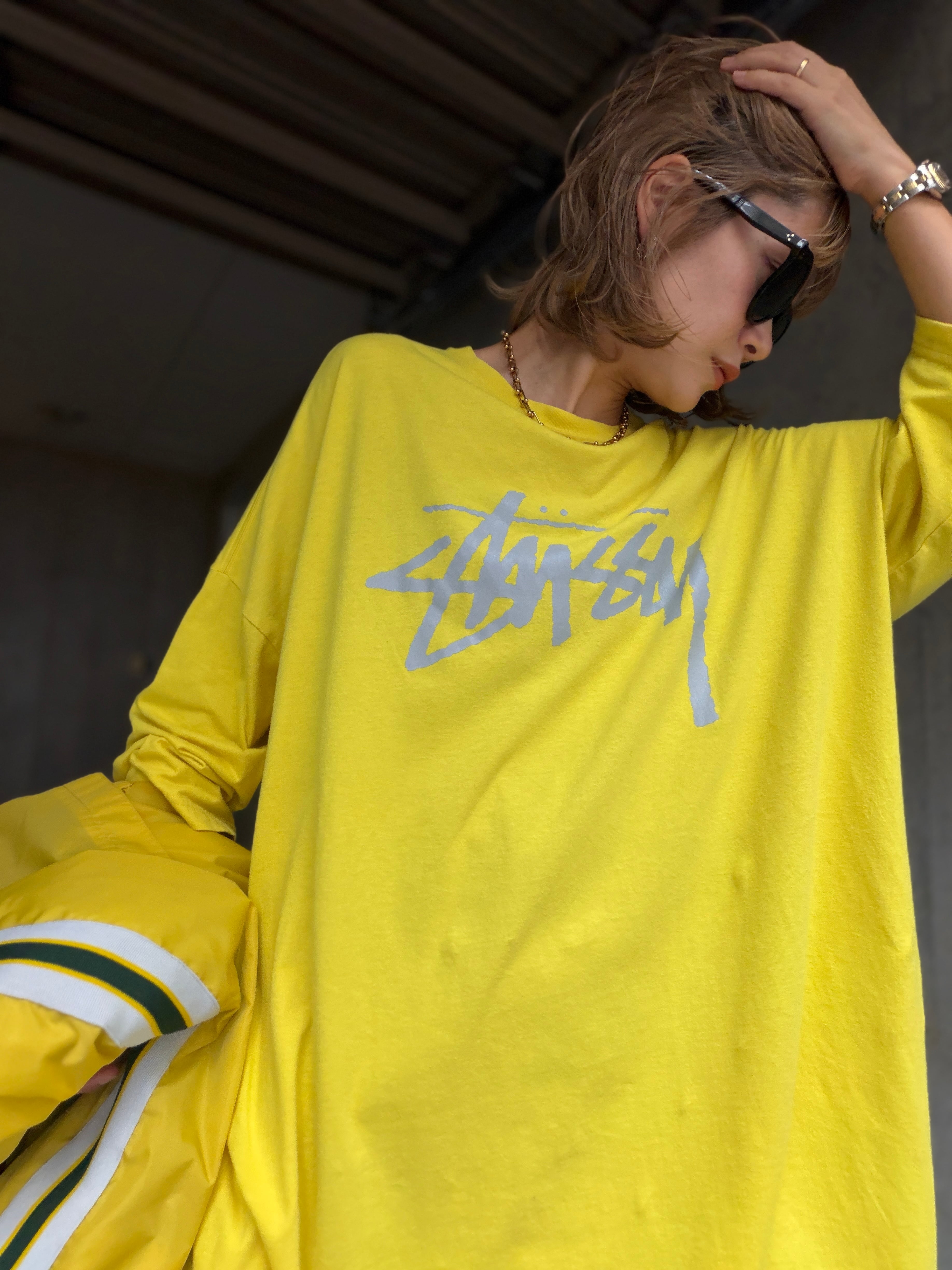 (CS2523) STUSSY oversized logo print t-shirt – Yellow
