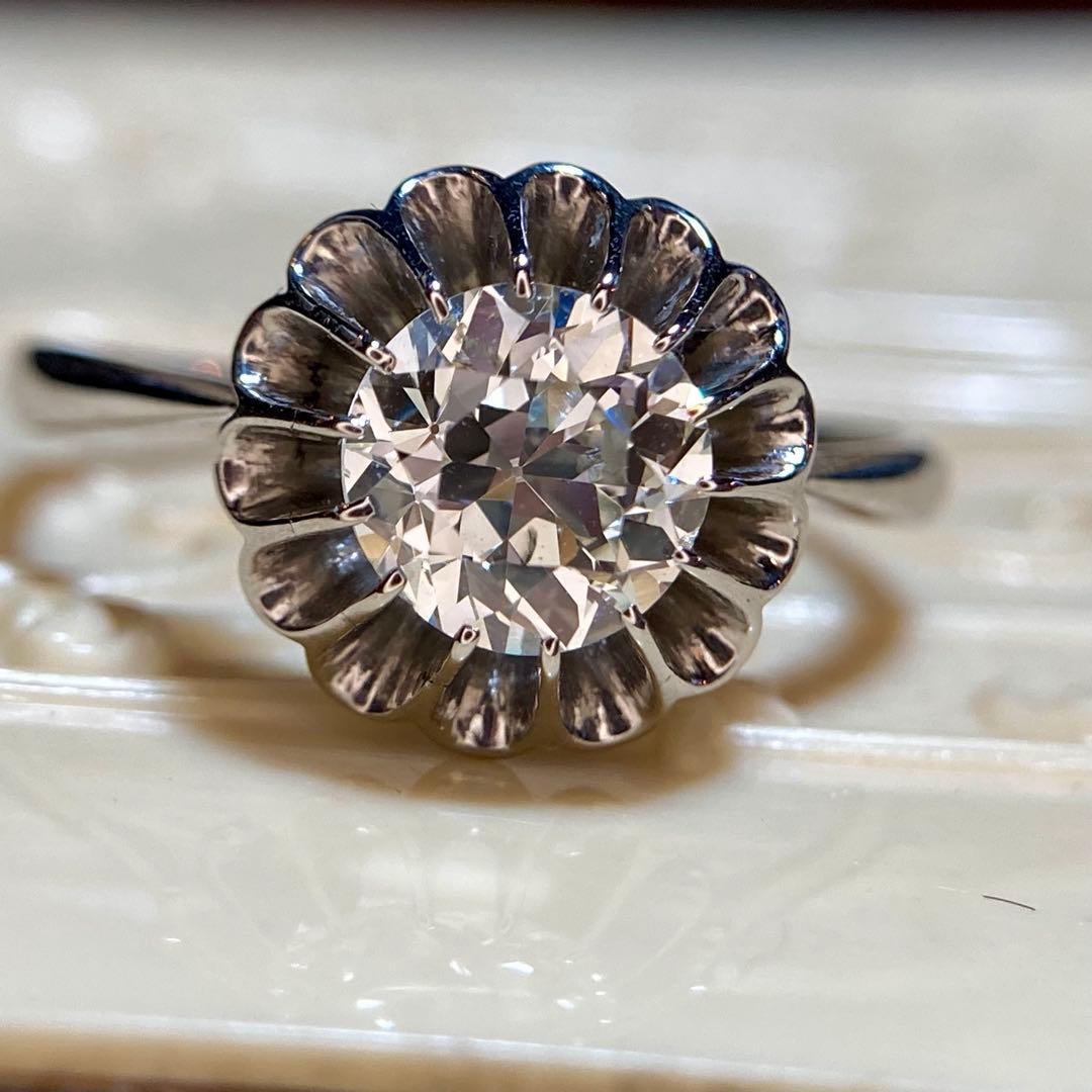 大正～昭和初期 稀少な菊爪留め アンティーク ダイヤモンド リング