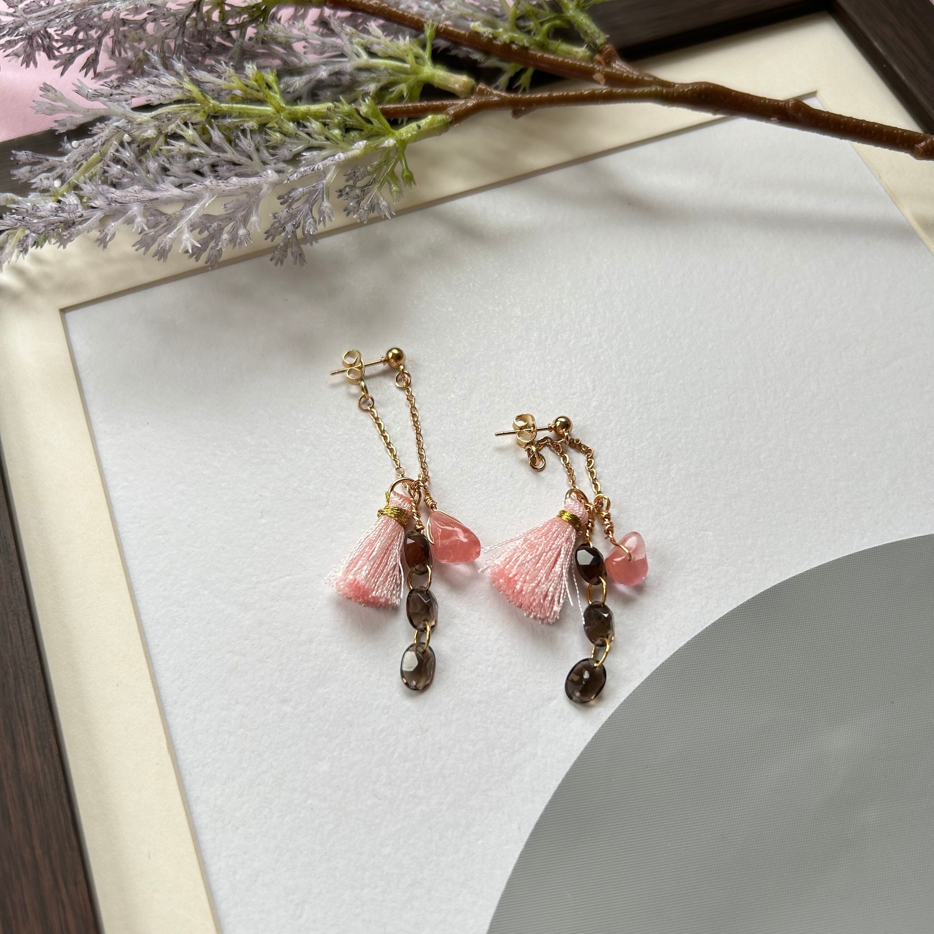 ハンドメイドピアス スモーキークォーツとタッセルピアス | 天然石