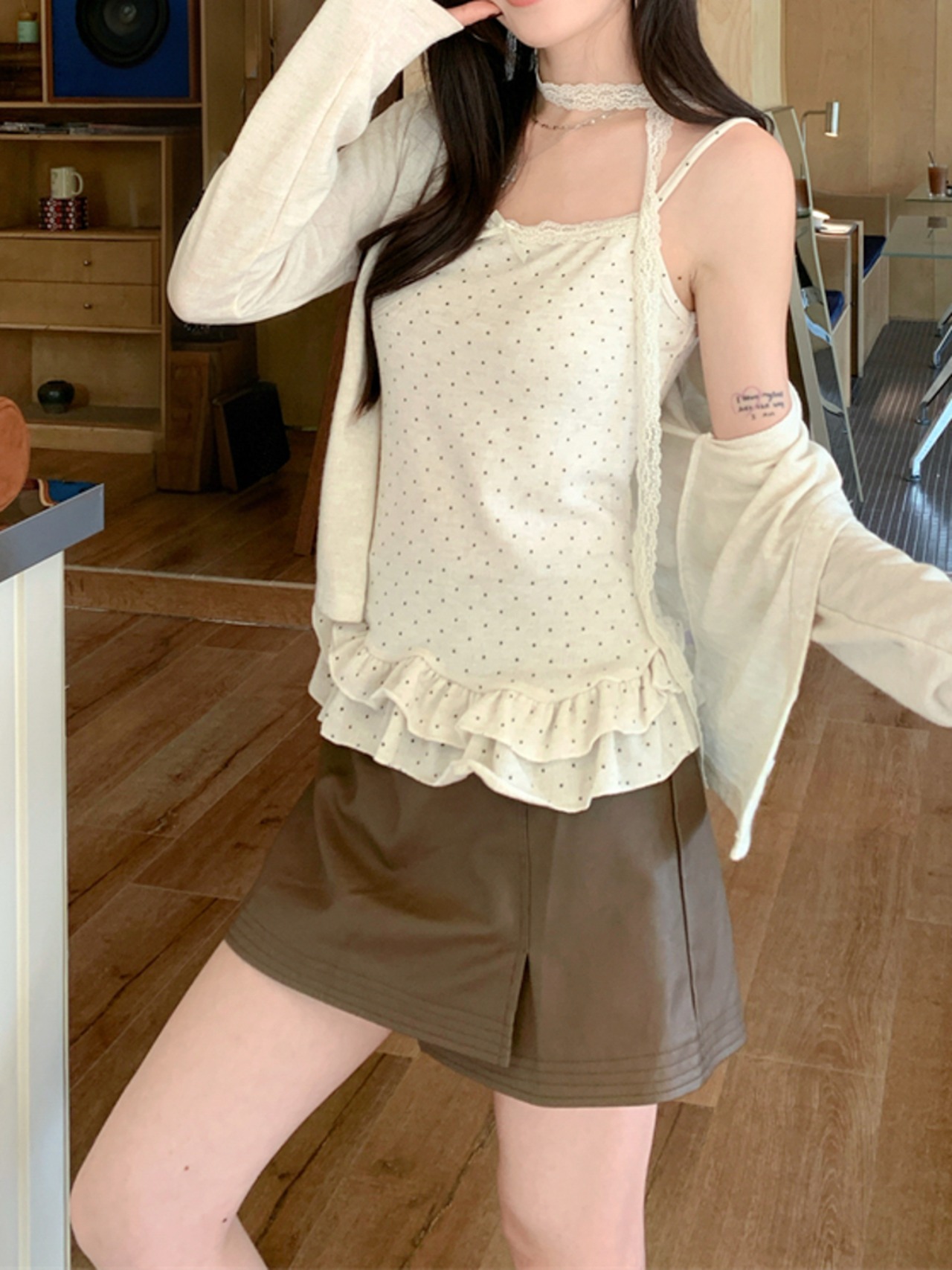 キャミソール+カーディガン+レースタイ3点セット LK1752