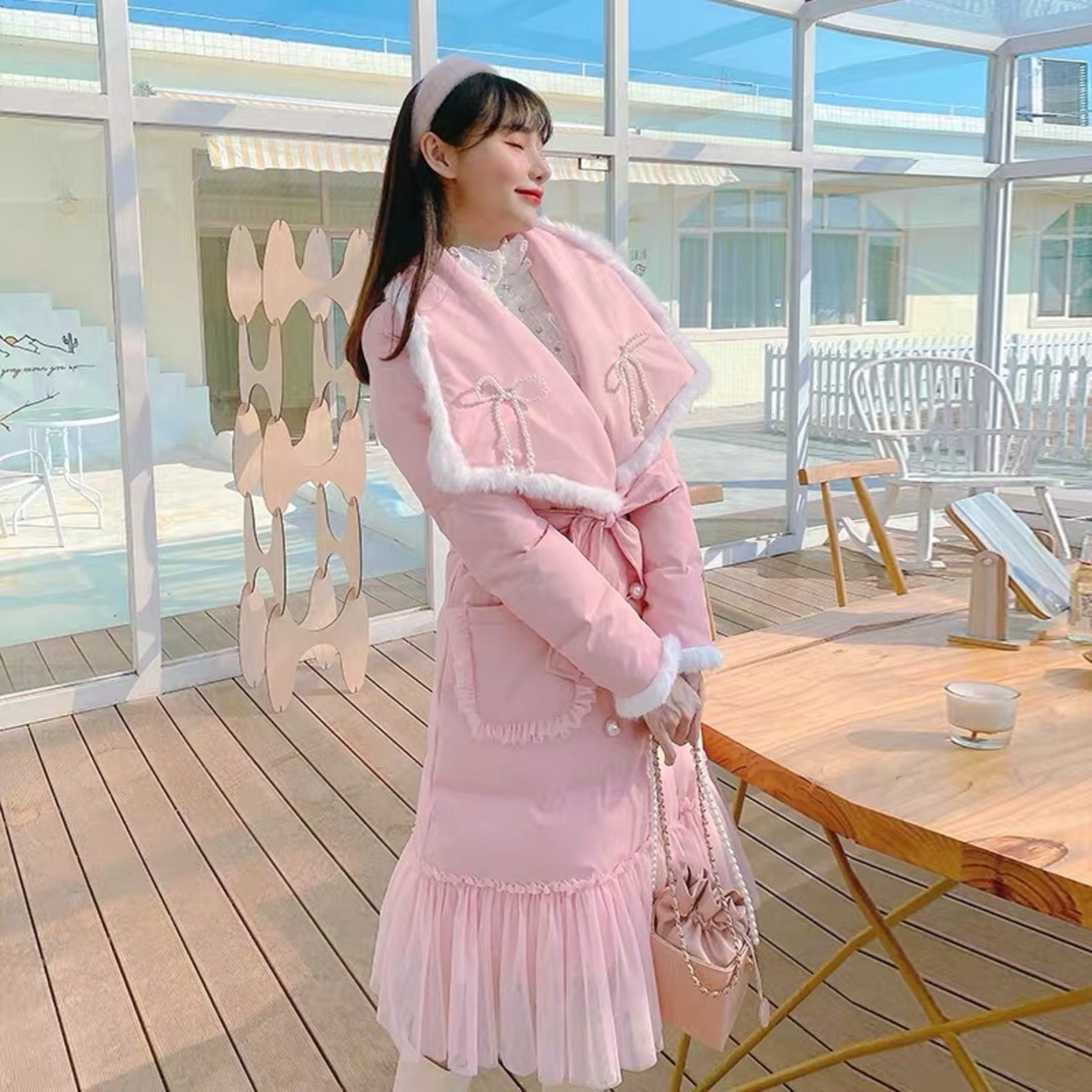 ピンク ダウン コート 襟 ガーリー ロング アウター ジャケット ファー 
