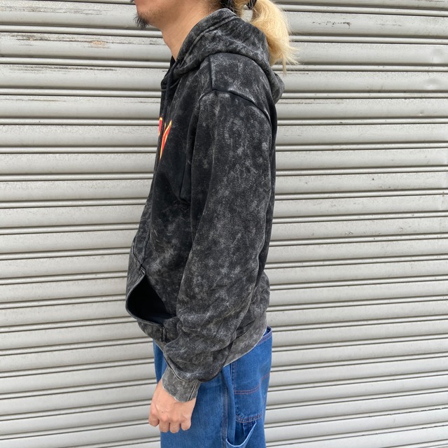 AC/DC プリントロゴスウェットパーカー バンドパーカー ブリーチ加工 黒 S