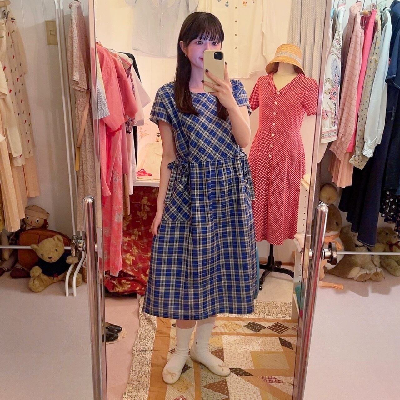 blue white check cotton one-piece