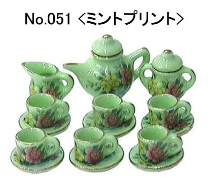 ミニチュア 陶器◇可愛いティータイムセット ミントプリント（AD051