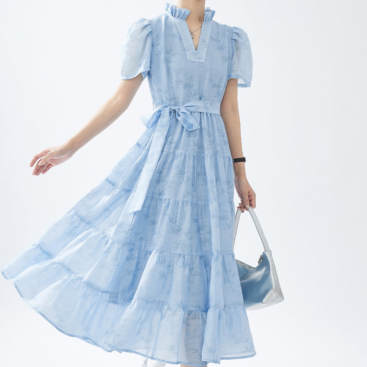 フリルVネック ティアード ワンピース-ブルー