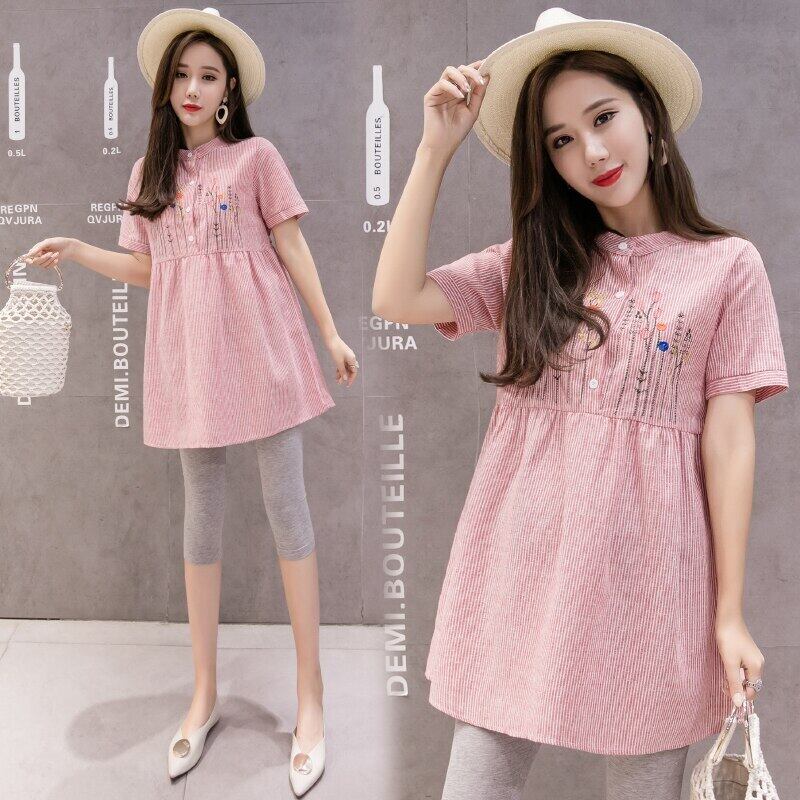 【新作】【送料無料】 2019サマースタンドカラー刺繡妊婦シャツロングルーズ半袖マタニティコトンストライプブラウス ショート ハーフスリーブ 刺繍 夏物 AL expec339479685469