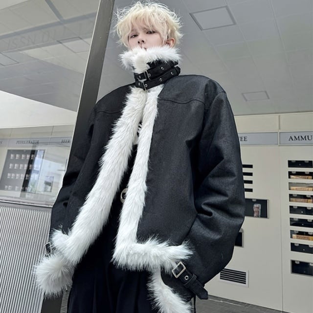 【予約販売】ファーコート リバーシブル 2WAY フェイクファー メンズ アウター ホワイト ブラック バイカラー ショート丈 ボリューム 防寒 お洒落 こなれ感 ベーシック 秋冬 M/L/XL