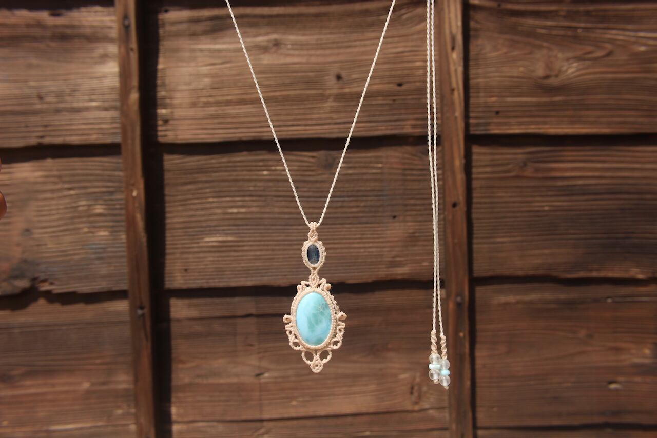 Larimar & Kyanite micro macrame pendant
