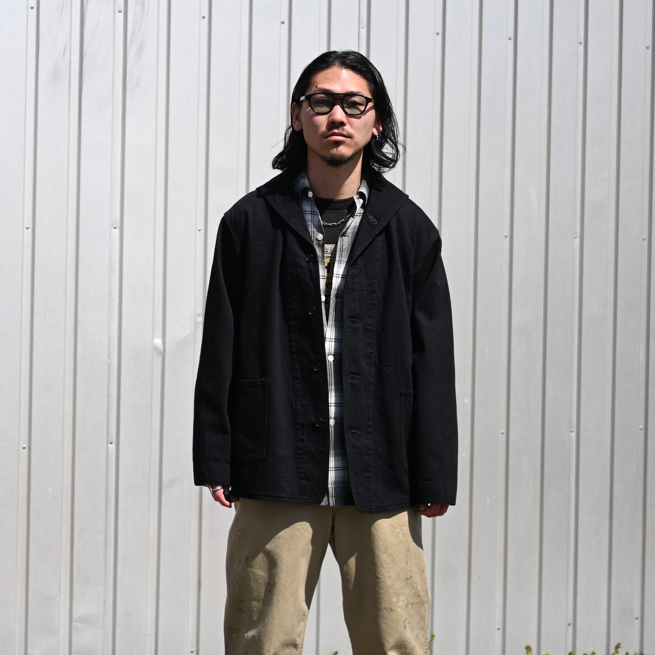 BOWBOW(バウワウ）レーヨンチェックシャツ,チノパンコーディネート