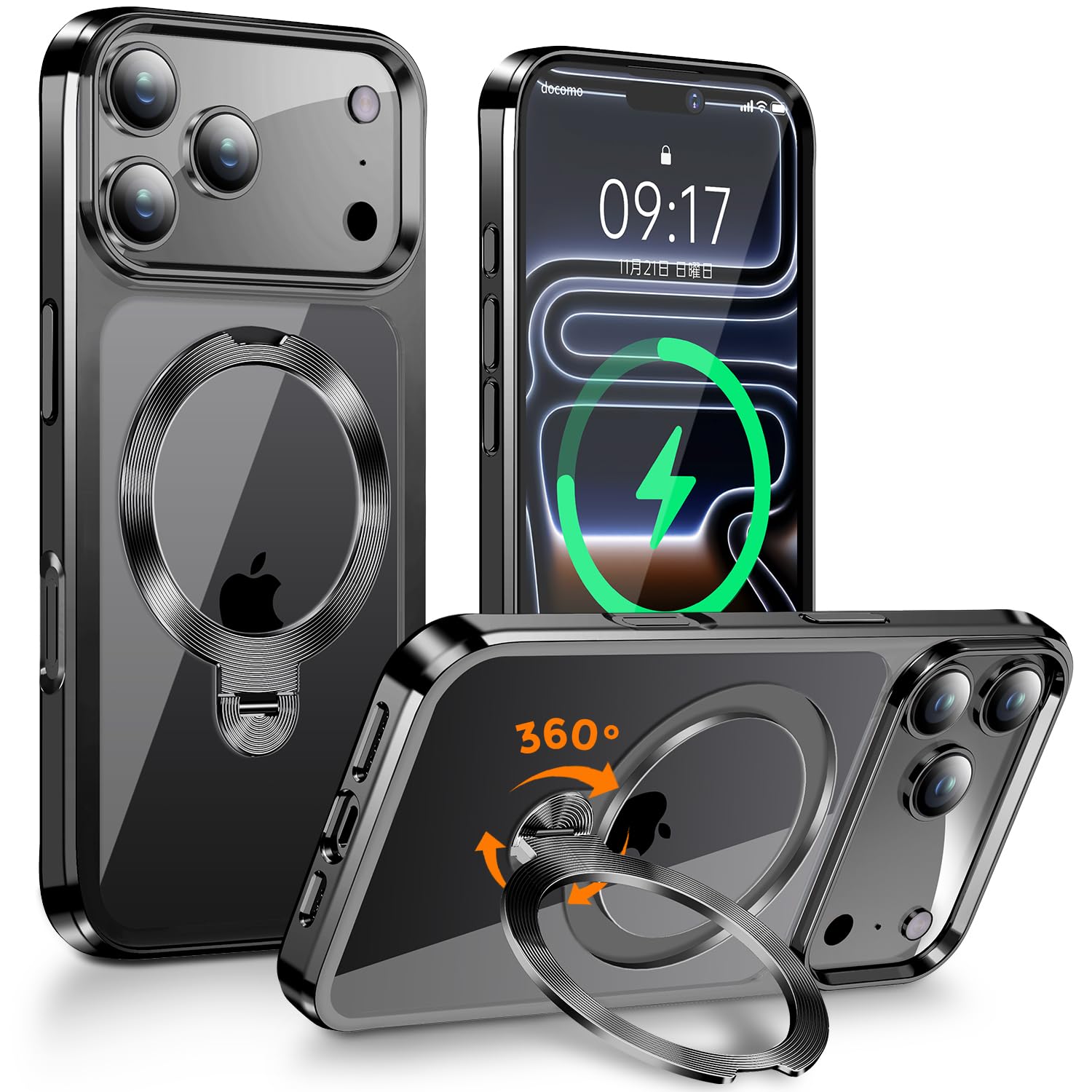【360°回転スタンド・縦横両立】FONKCASE iPhone 18 / 17 Pro Max 用 ケース Magsafe対応 (ブラック)