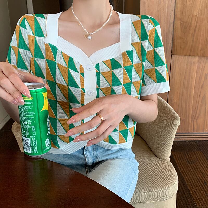 カジュアルカラーニットカーディガンサマー薄手ショートルーズトップス 夏物 スクウェア ビッグFスモールZ韓国28279161009