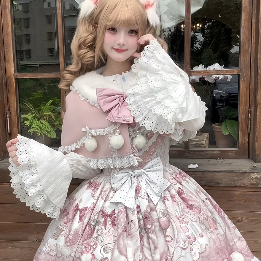 量産型 セットアップ ケープ×猫柄ドレス ピンク×フリル｜WithU