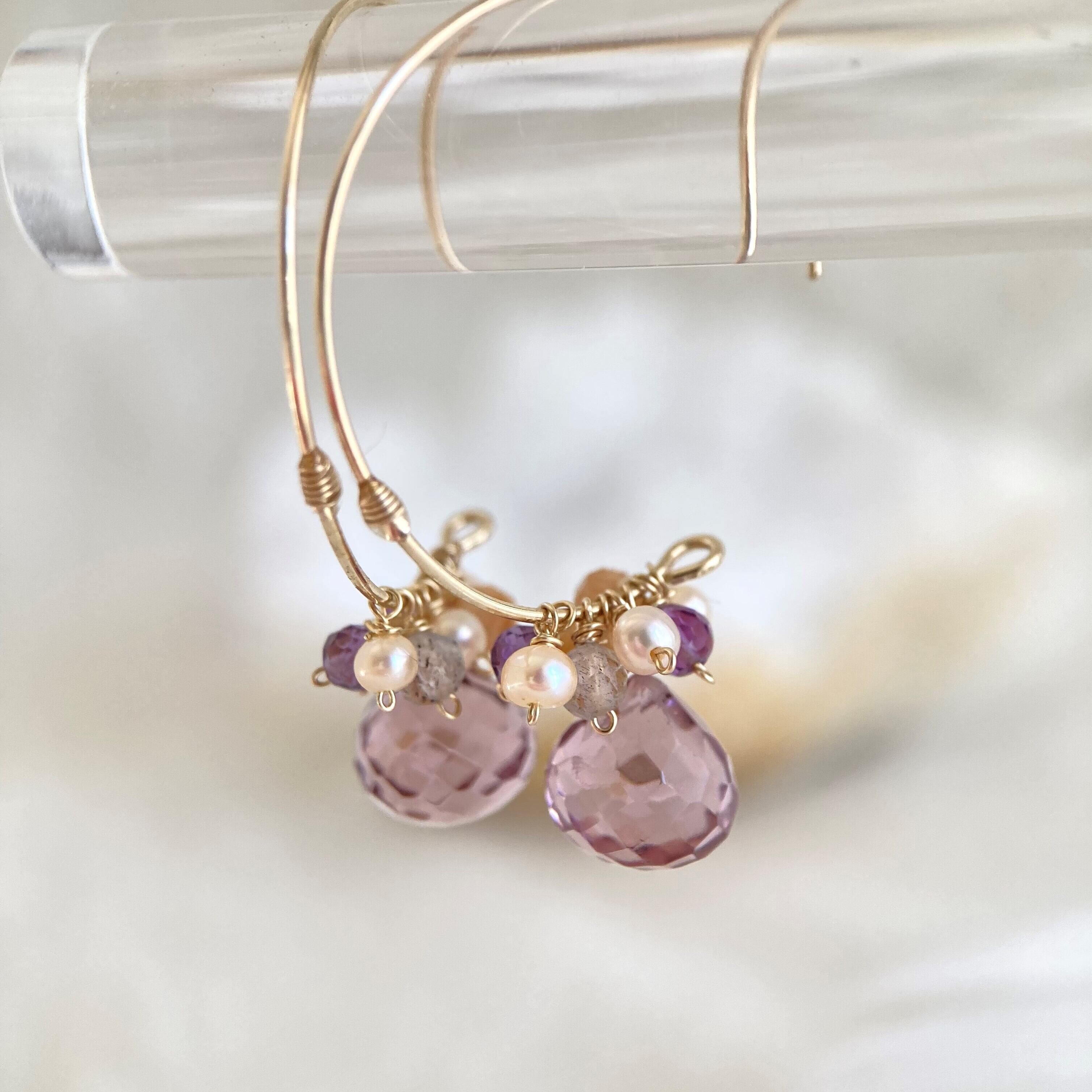 ☆ クンツァイト 淡水パール 14kgf フープピアス