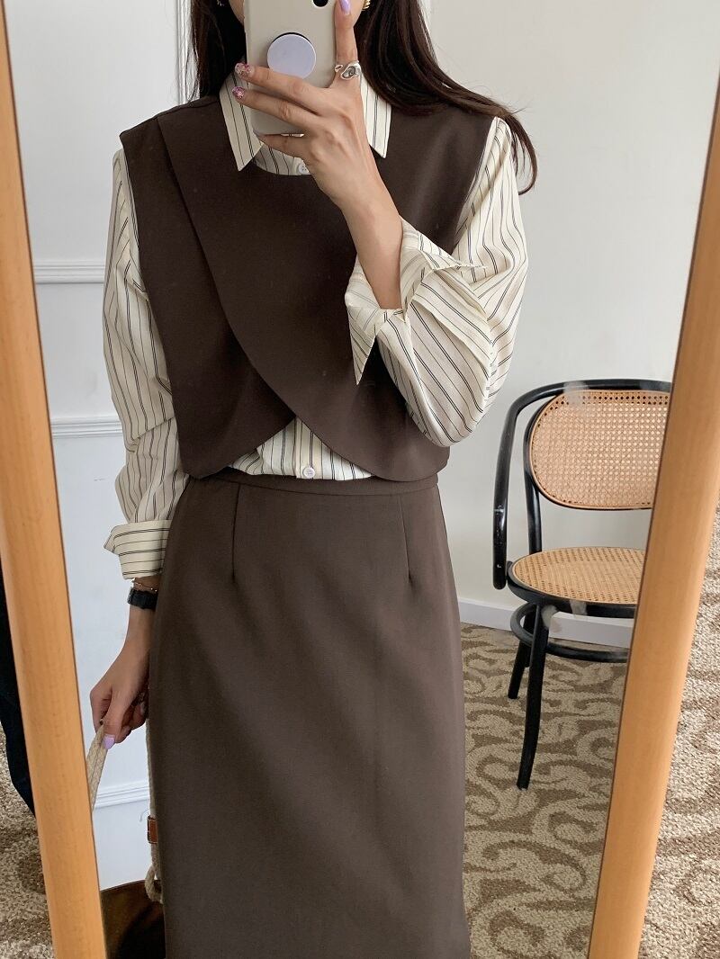 ストライプシャツ スカート オータムセット 秋物 ビッグFスモールZ韓国75114259486