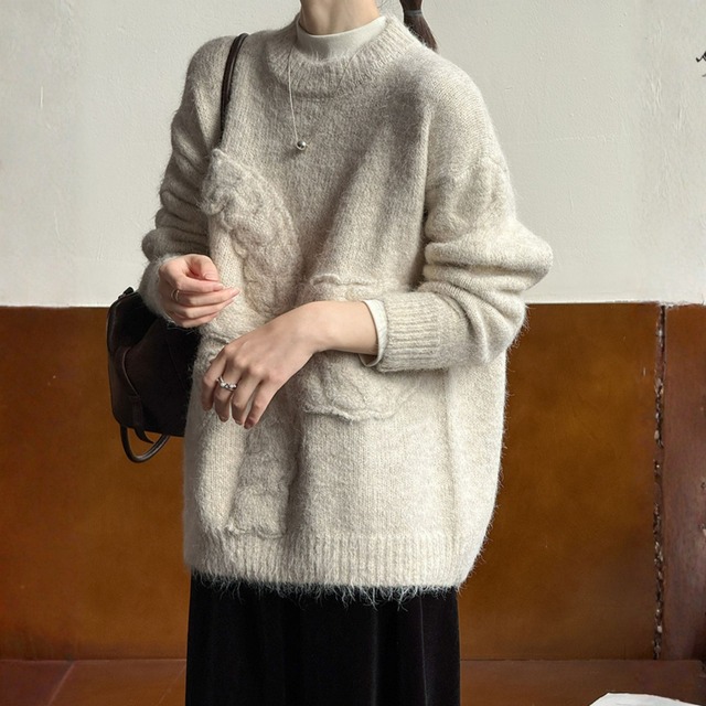 ケーブル編み　クルーネックニット　 N00201