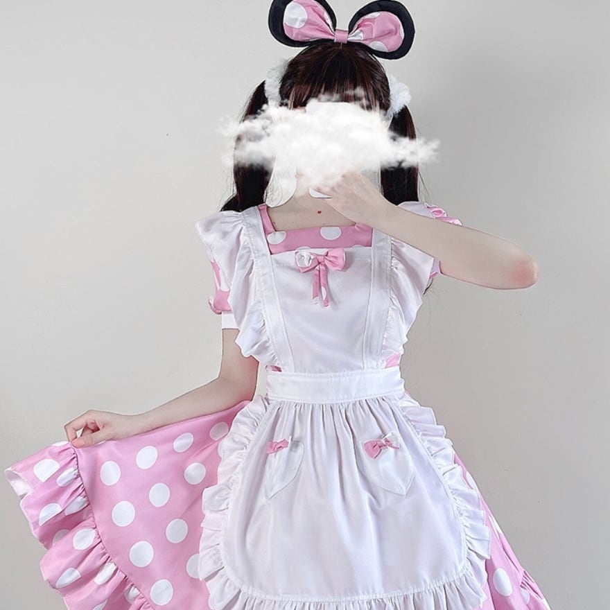 メイド服 コスプレ ワンピ エプロン ヘアアクセサリー 水玉 ガーリー