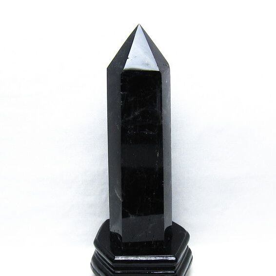 1.6Kg 黒水晶 六角柱 モリオン ポイント 置物 一点物 台座付属 152-4347