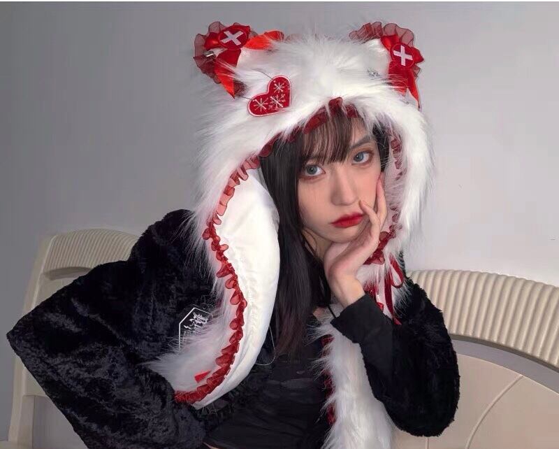 赤 白 リボン 猫耳 ゴスロリ マフラー ラインストーン ショール