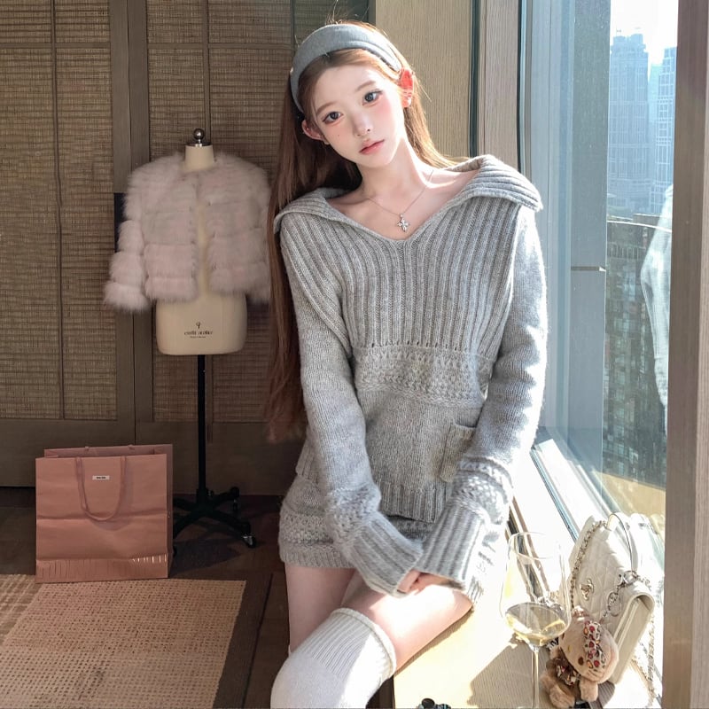 【set】セーラーカラーニットトップス×ストレートスカートセット Q7587