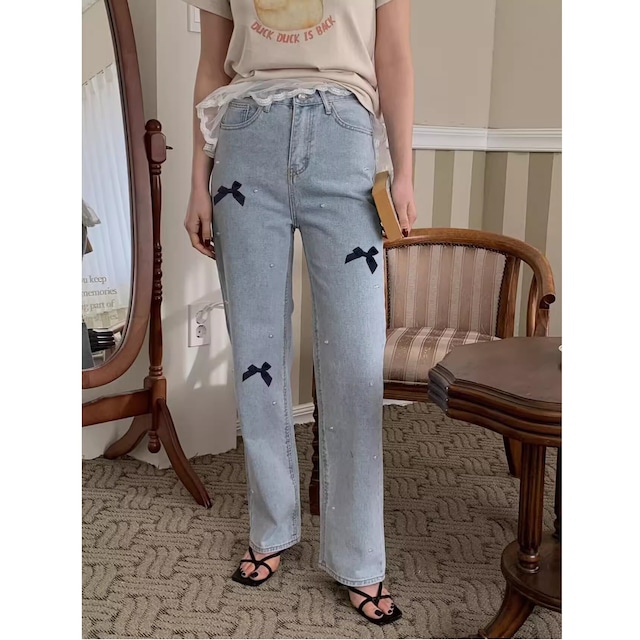 ribbon &pearl denim pants<p1565>