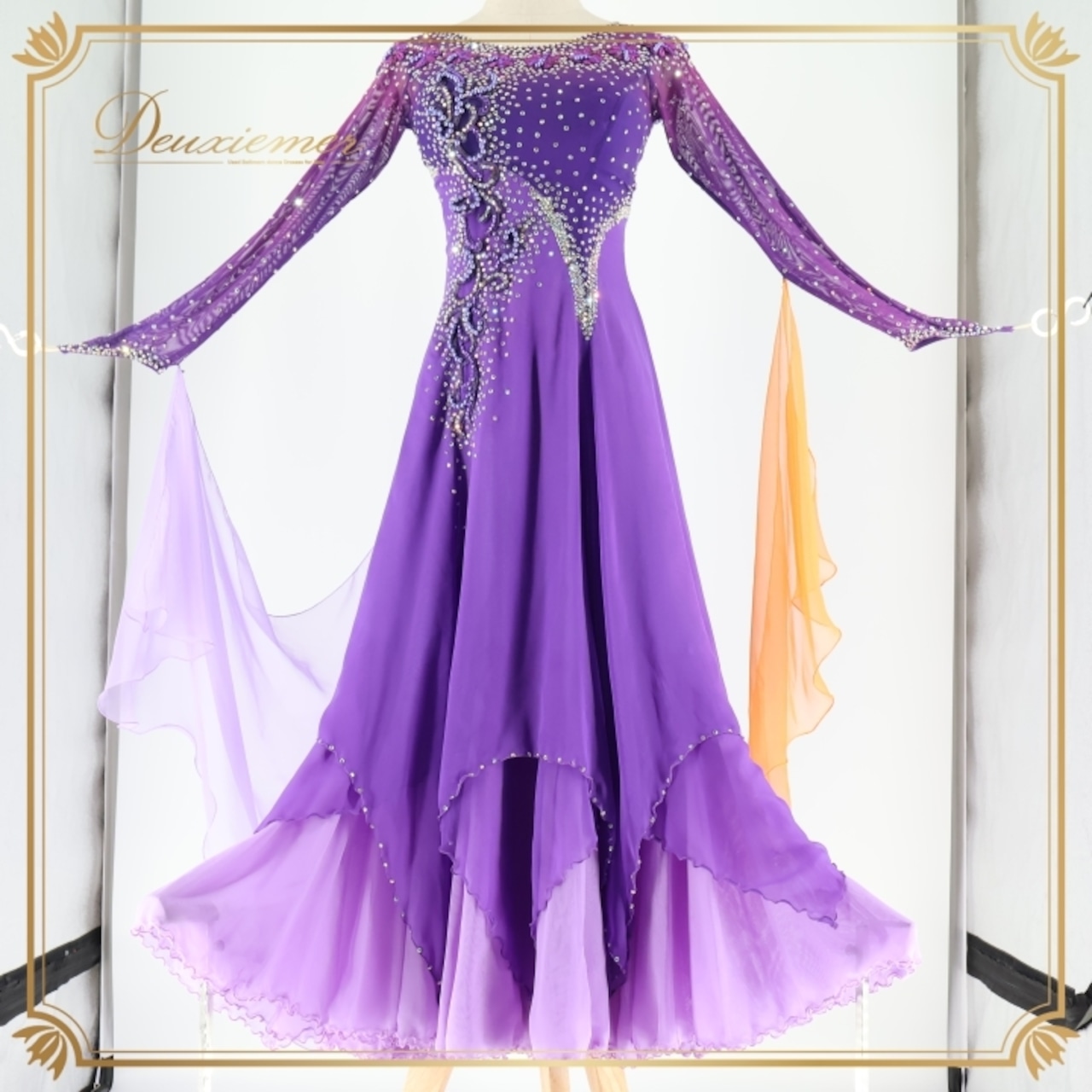 社交ダンス 衣装 スタンダードドレス ワンピース ドレス スタンダード 紫 フロート レース デモ 競技 ダンス パーティ 発表会 パープル系 エレガント 上品 おしゃれ フェミニン ステージ衣装 パーティー用 ダンスパフォーマンス