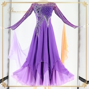 社交ダンス 衣装 スタンダードドレス ワンピース ドレス スタンダード 紫 フロート レース デモ 競技 ダンス パーティ 発表会 パープル系 エレガント 上品 おしゃれ フェミニン ステージ衣装 パーティー用 ダンスパフォーマンス