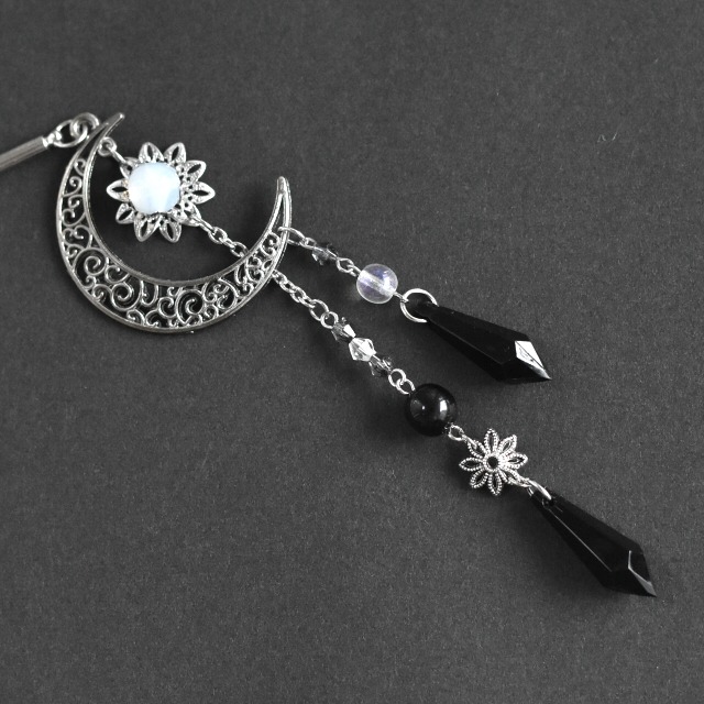 月光華｜闇夜に咲く白き華のかんざし／月 星 銀 白 黒 三日月 ヘアアクセサリー