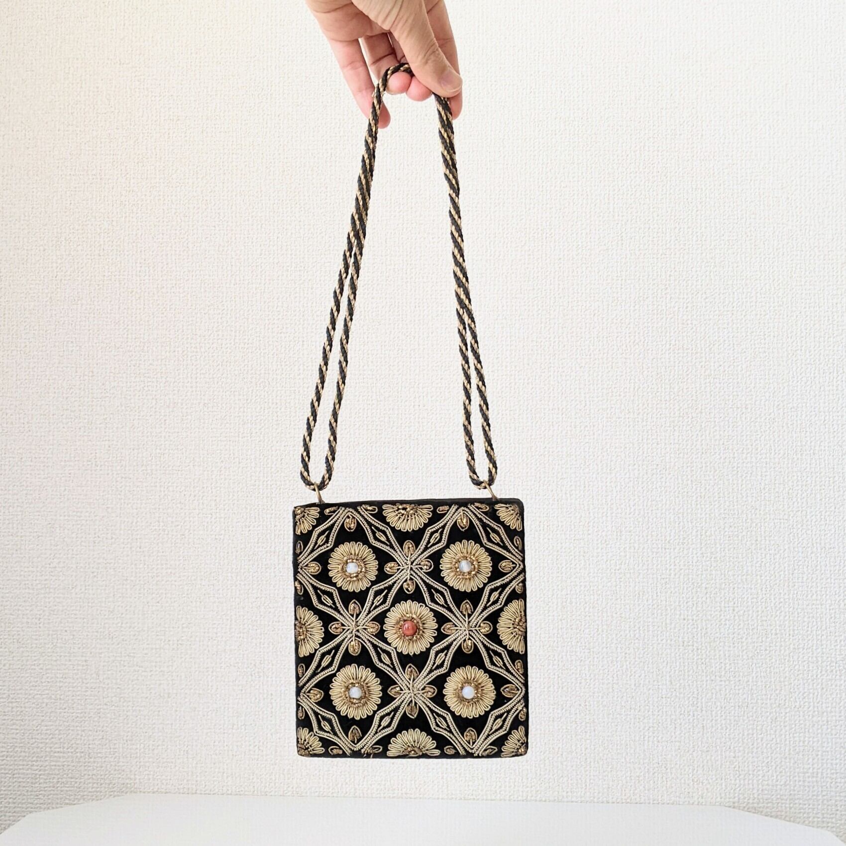 Vintage】インドザリ刺繍 ショルダーバッグ ビーズ刺繍 黒×ゴールド