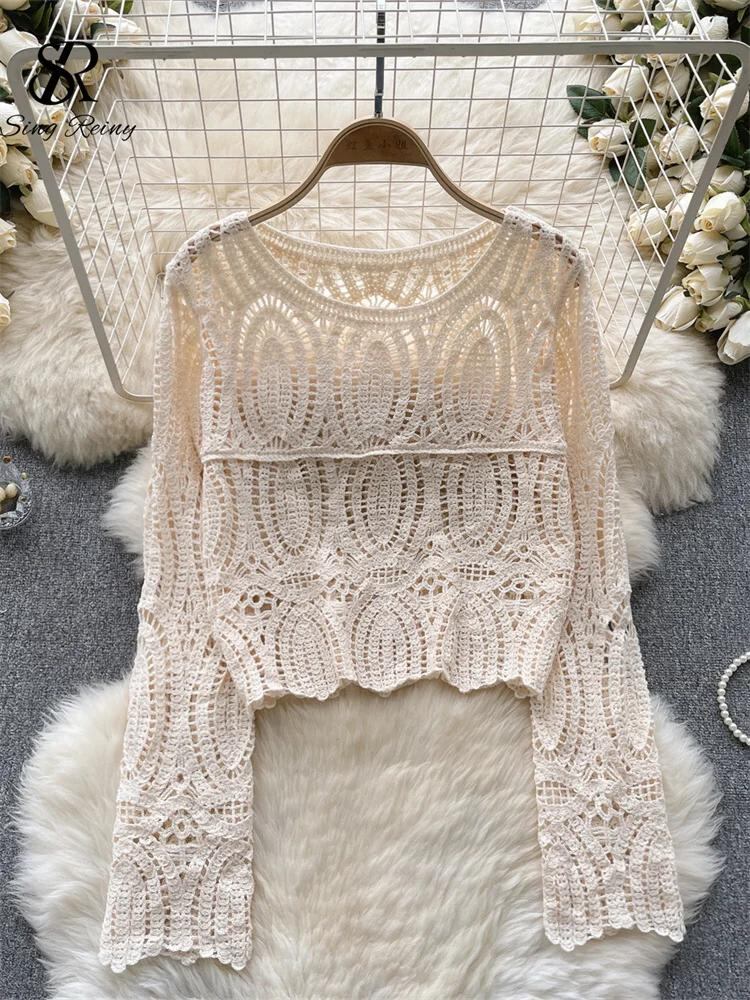 Sing補強-女性のフランスの中空アウトトップ、oネック、優しいニットTシャツ、長袖、女性のオフィス、ホットスウィートブラウス、秋のファッション、2023_393