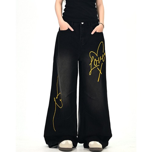 yellow heart lettering denim　イエローハートレタリングデニム　J1380